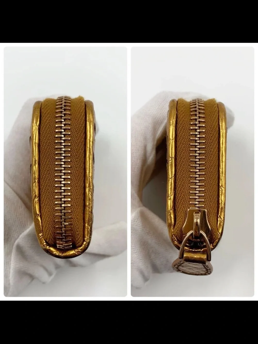 Bottega Veneta Gold Intrecciato Zip Card Wallet